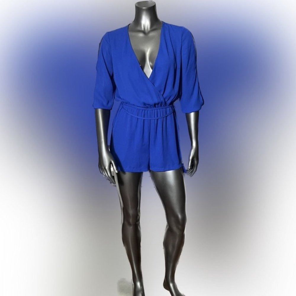 NWT DR2 by Daniel Rainn One Piece Deep V-Neck Royal Blue Romper w/ 3/4 Sleeves